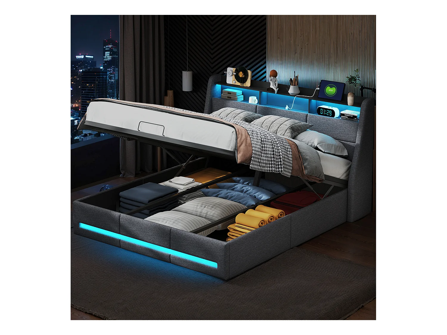 Cama 160x200 com estrado de ripas LED e carregamento USB, Cama de casal estofada com 4 gavetas, Linho, Cinza