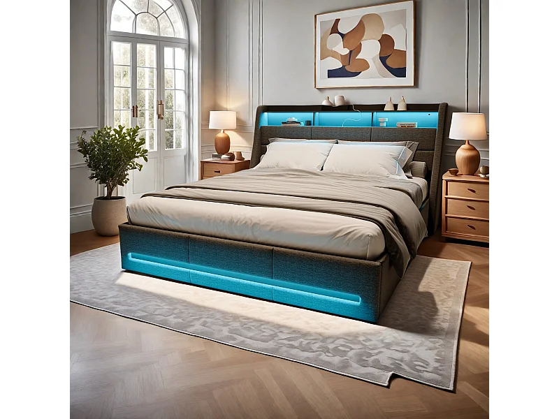 Lit 160x200 avec sommier LED et Charge USB, Lit Double rembourré avec 4 tiroirs, Lin, Gris