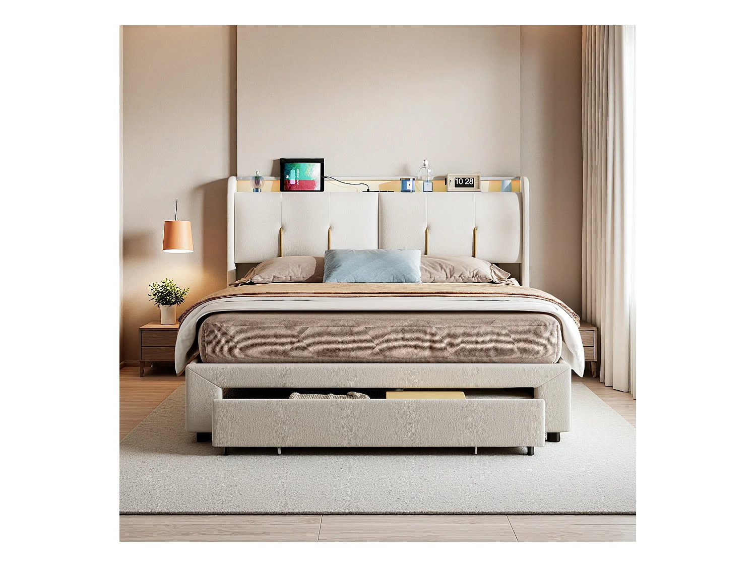 Cama de armazenamento 140x200 cm com LED e USB, cama de casal estofada com gavetas, veludo, bege