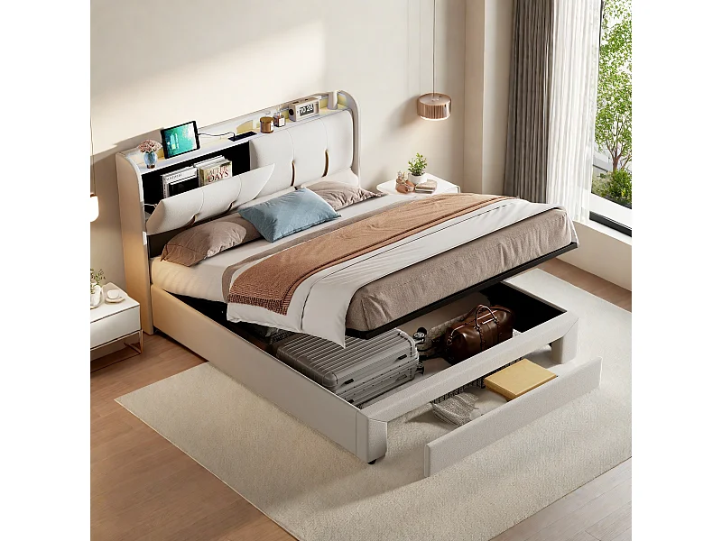 Lit Coffre 140x200 cm avec LED et USB, Lit Double Rembourré avec Tiroirs, Velours, Beige