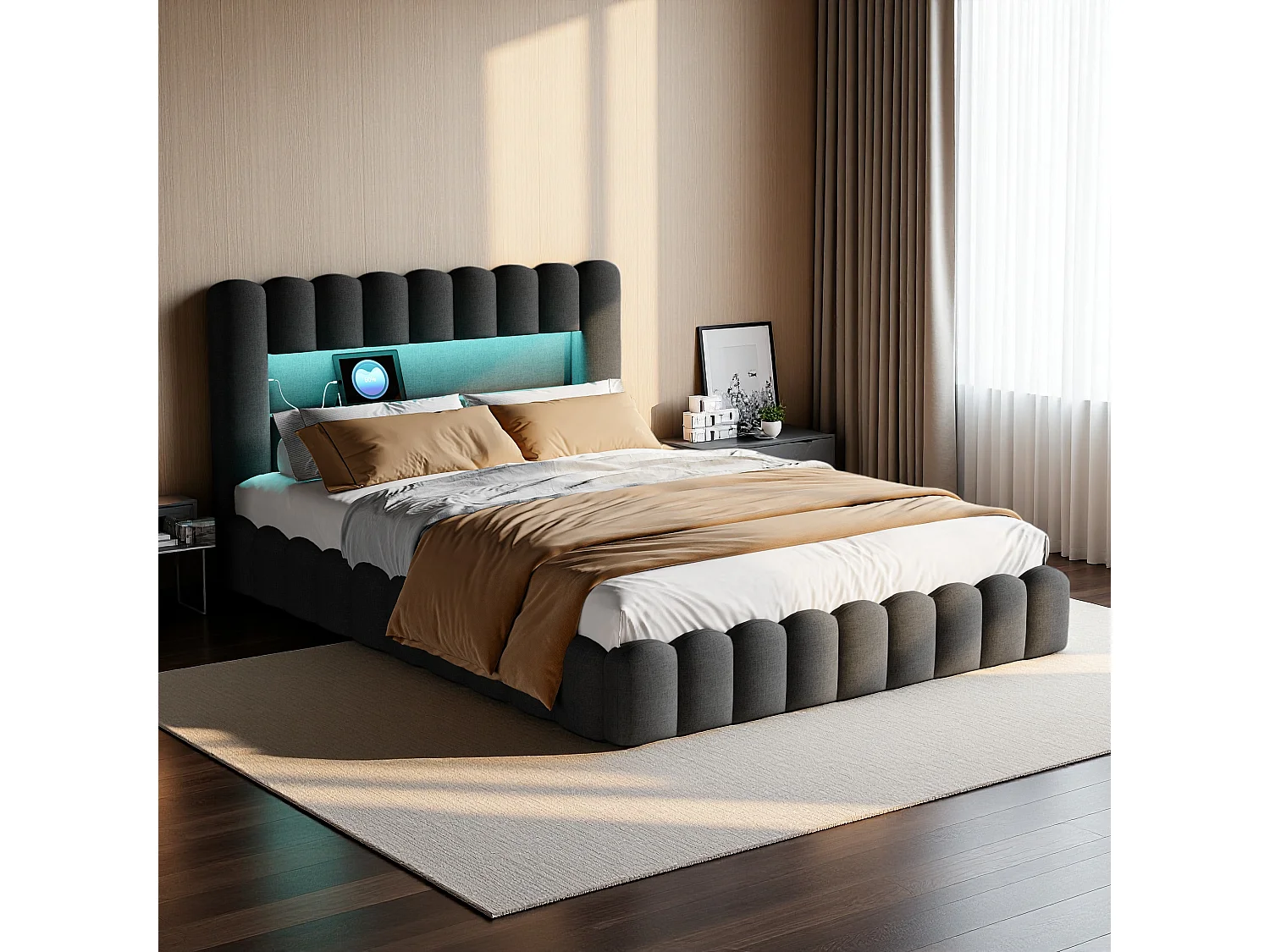 Lit double rembourré 160 x 200 cm, avec LED et USB, avec sommier à lattes et tête de lit, lin, Gris