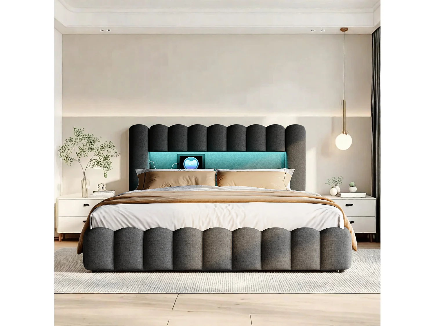 Lit double rembourré 160 x 200 cm, avec LED et USB, avec sommier à lattes et tête de lit, lin, Gris