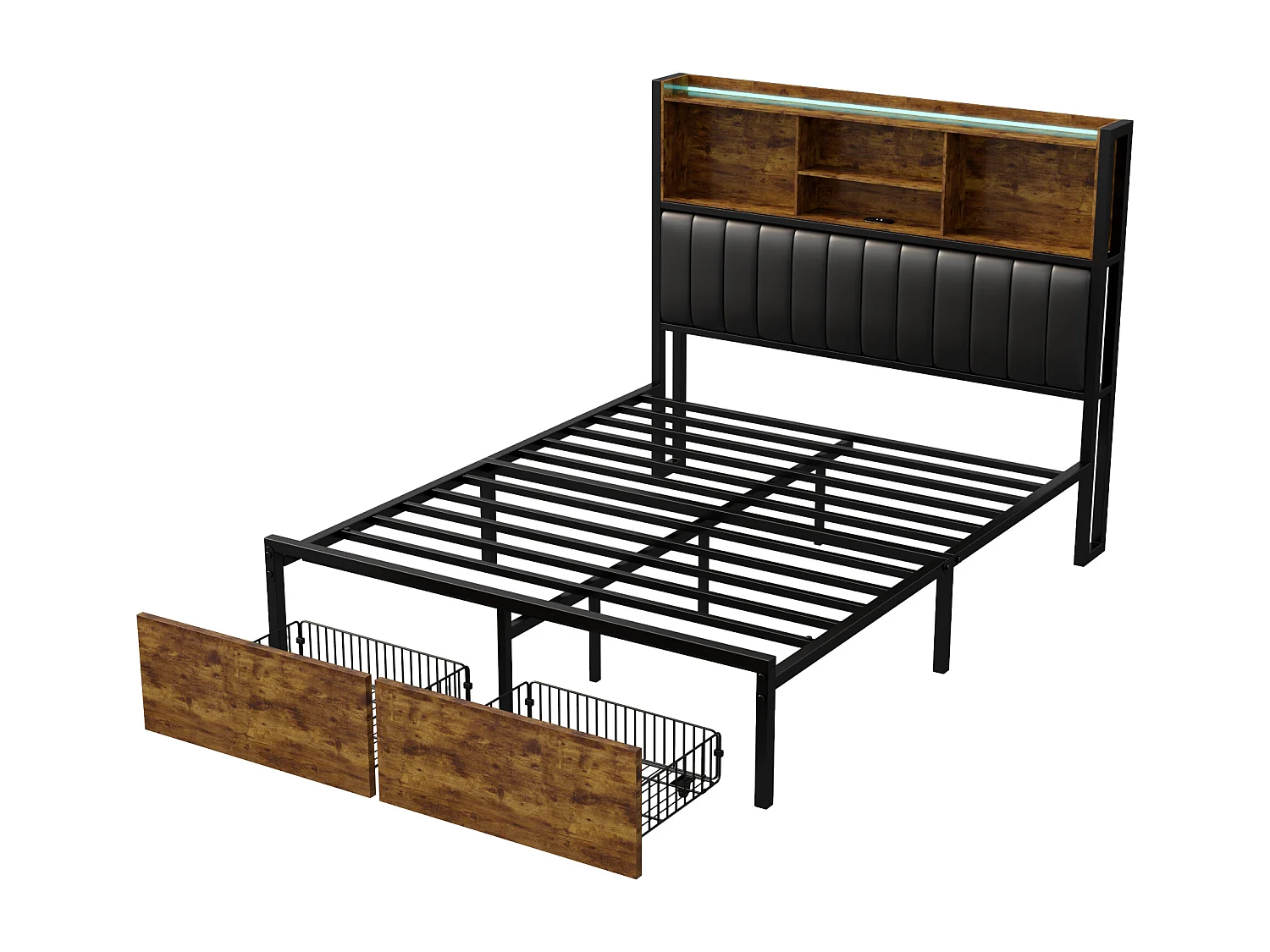 Cama doble 140x200cm, tapizada con LED y USB, cabecero de PU con almacenaje, color negro