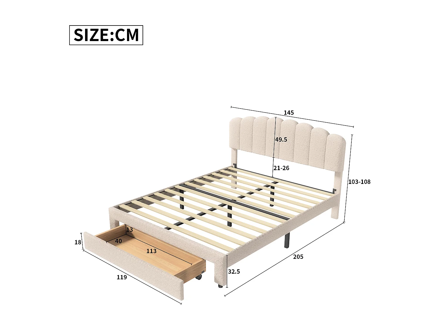 Polsterbett 140 x 200 cm, mit Schublade, USB- und USB-C-Anschluss, Teddy-Samt, beige