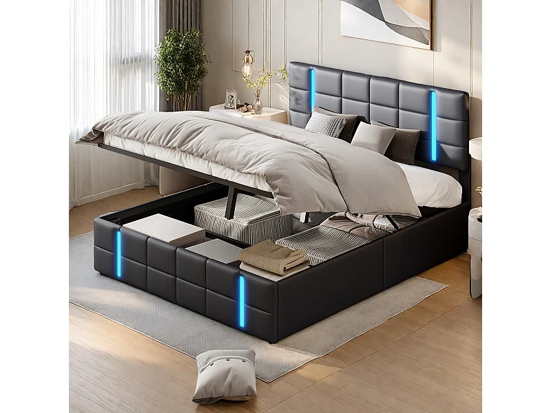 Cama Canapé 160x200 cm con Base, Cama Matrimonial Tapizada con Iluminación LED y Puerto USB, PU, Negro