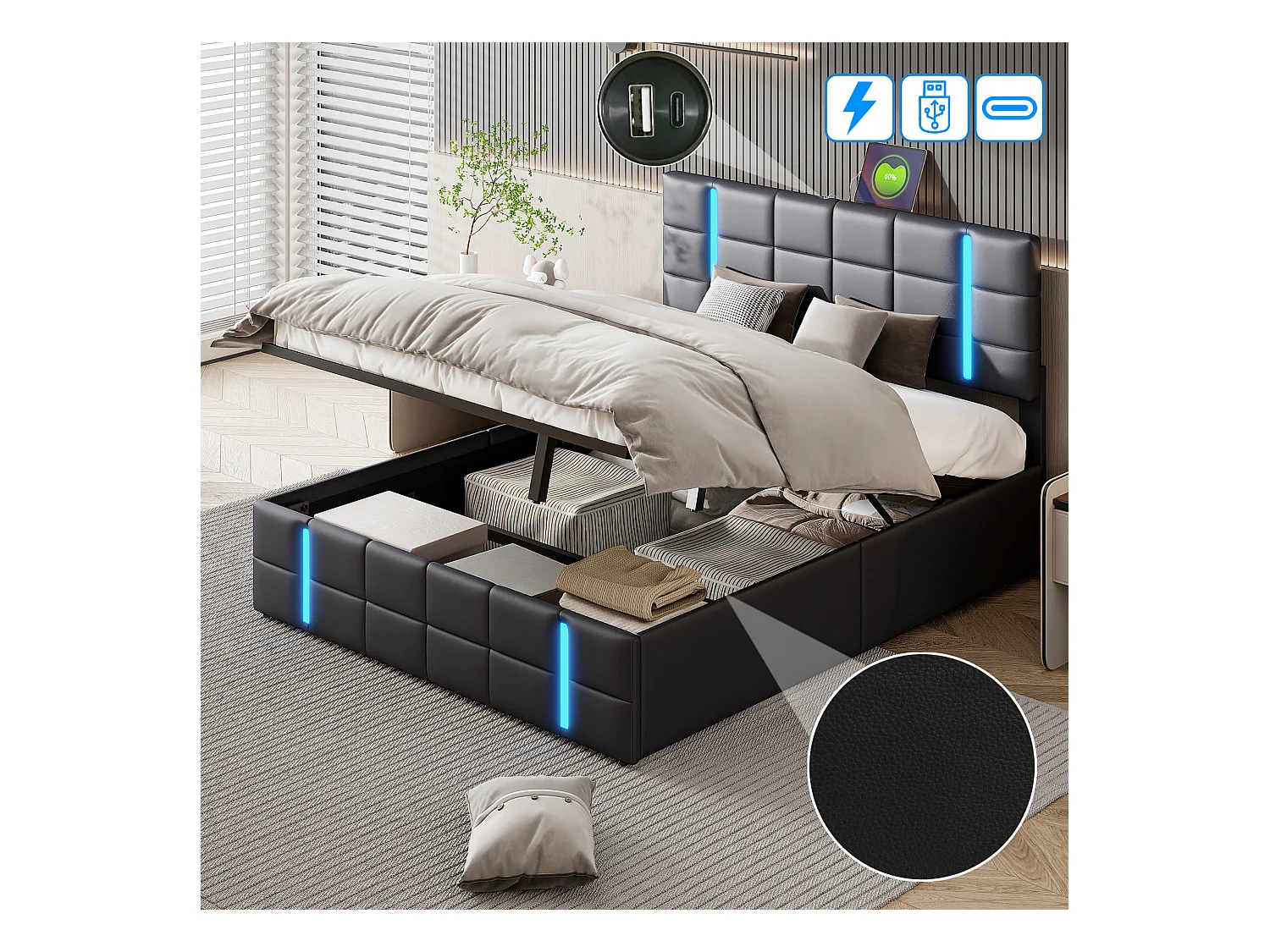 Lit Coffre 160x200 cm avec Sommier, Lit Double Rembourré avec Éclairage LED et Port USB, PU, Noir