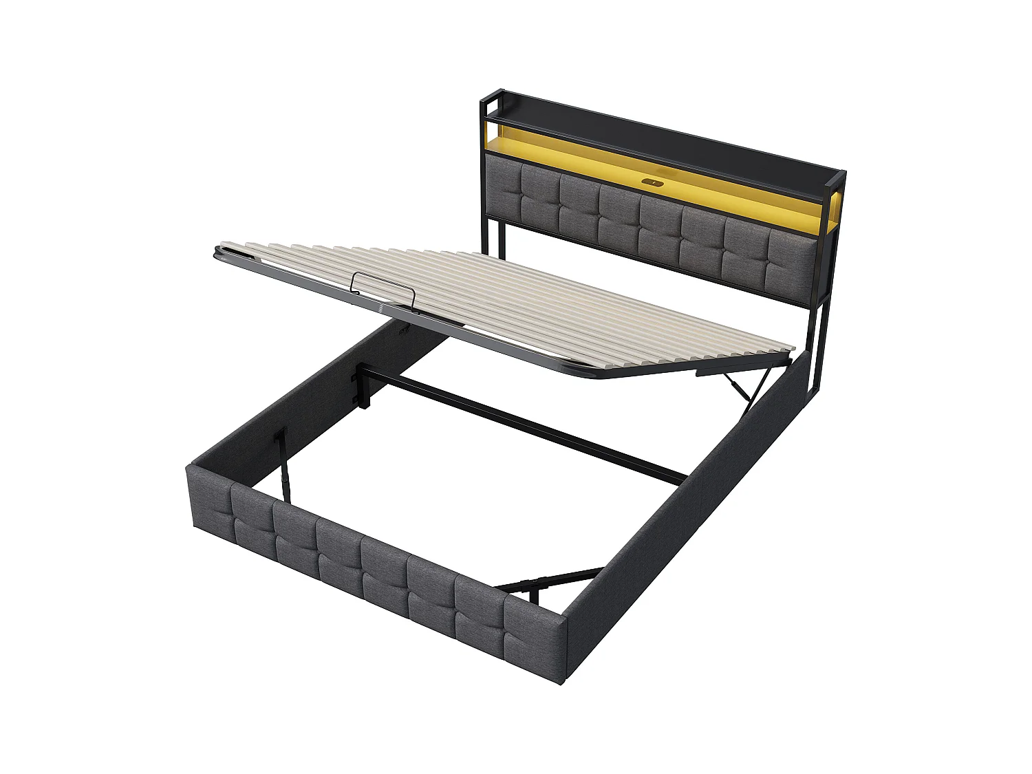 Cama tapizada 160x200 cm, con espacio de almacenaje y somier, LED y USB, lino, gris