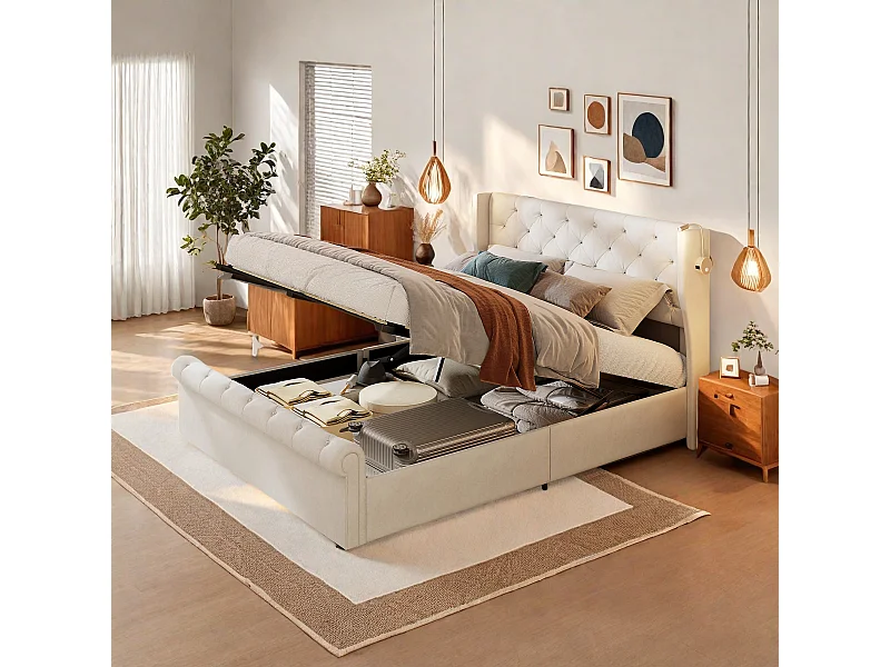 Lit double 140 x 190 cm, avec lampes de lecture, Lit de rangement, Sommier à lattes, Velours, beige