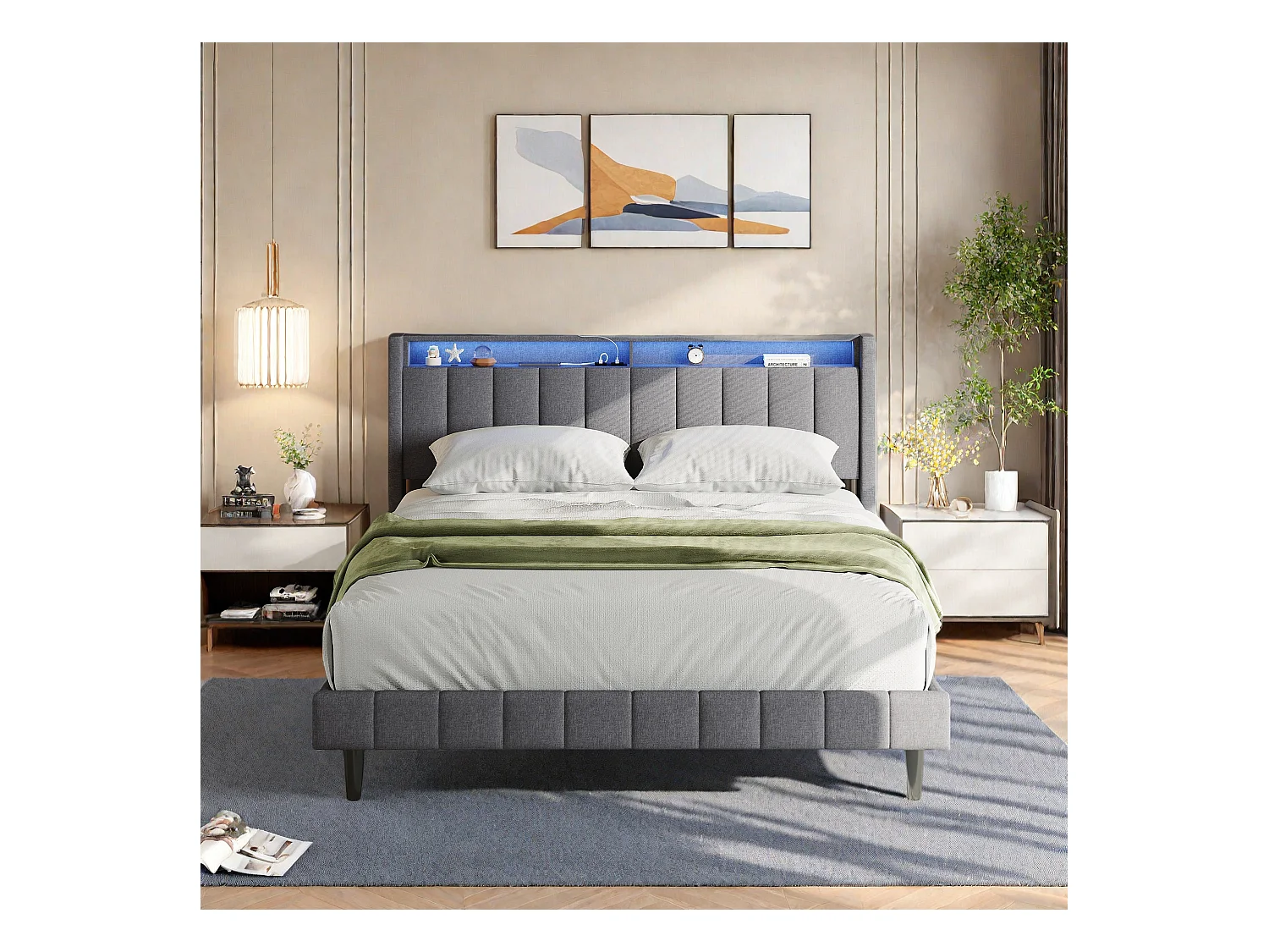 Doppelbett 140x200, mit Stauraum, gepolsterte Leinenbetten mit USB und Typ-C, LED, grau