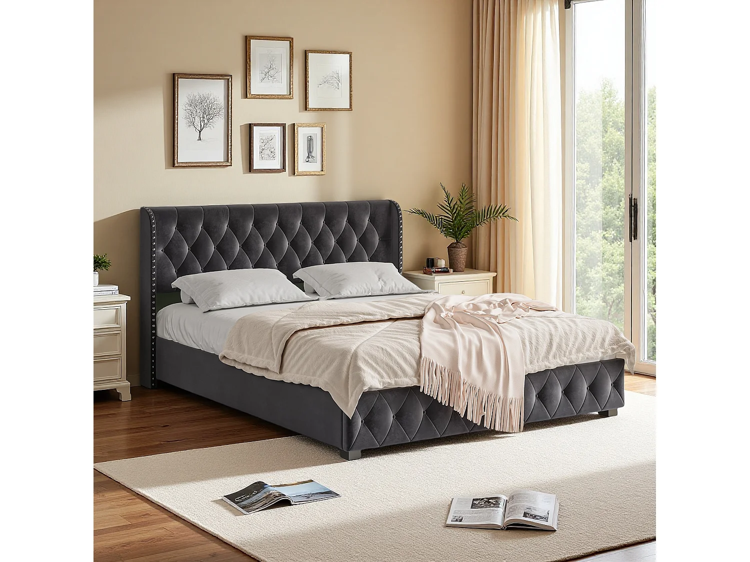 Letto matrimoniale imbottito 160x200 cm, contenitore con rete a doghe e testiera, velluto, grigio