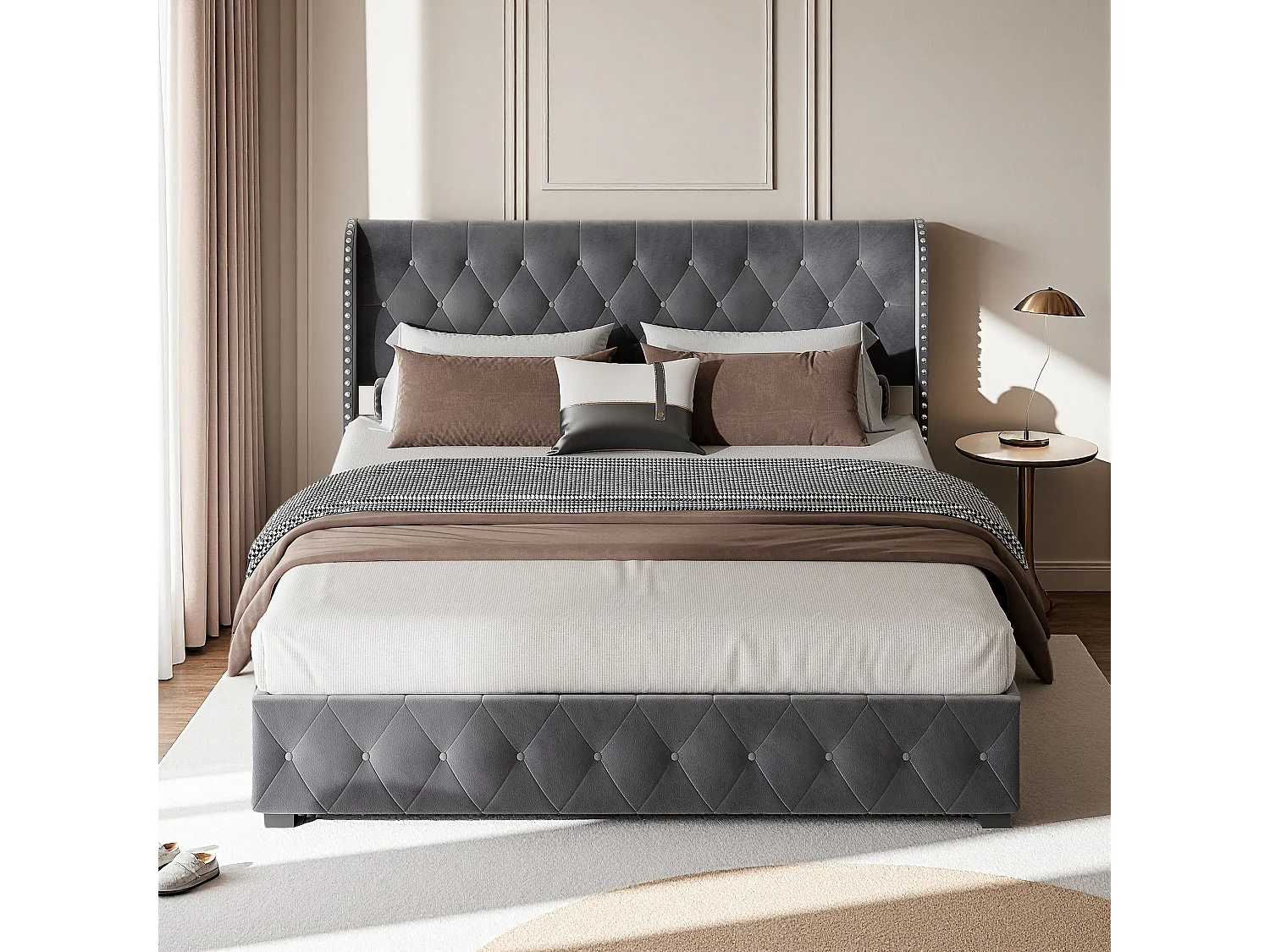 Letto matrimoniale imbottito 160x200 cm, contenitore con rete a doghe e testiera, velluto, grigio