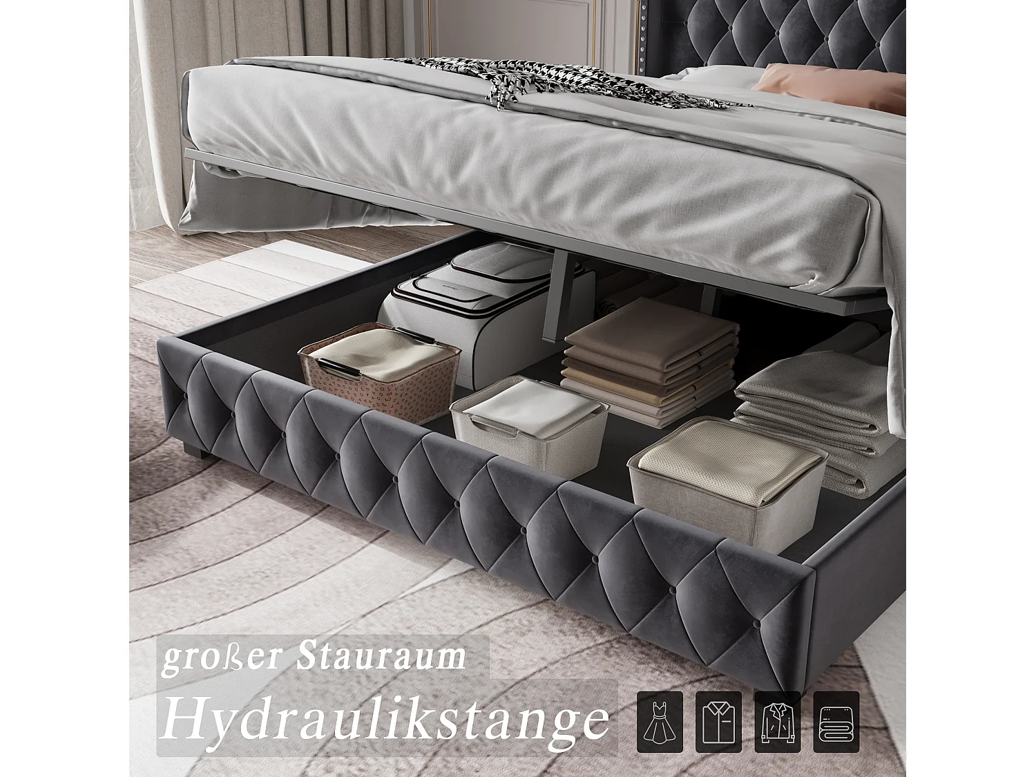 Letto matrimoniale imbottito 160x200 cm, contenitore con rete a doghe e testiera, velluto, grigio