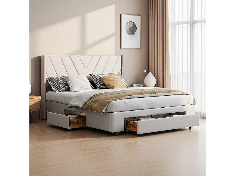 Tweepersoonsbed 140x200 cm gestoffeerd met 3 lades en opbergruimte, lattenbodem, linnen, beige