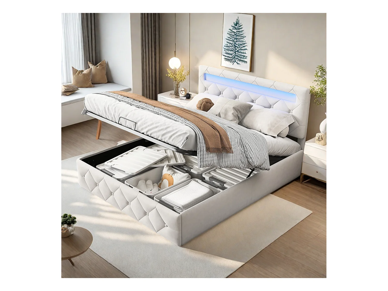 Cama de casal 140x200 cm com base LED e USB, cama com arrumação e base de ripas, bege
