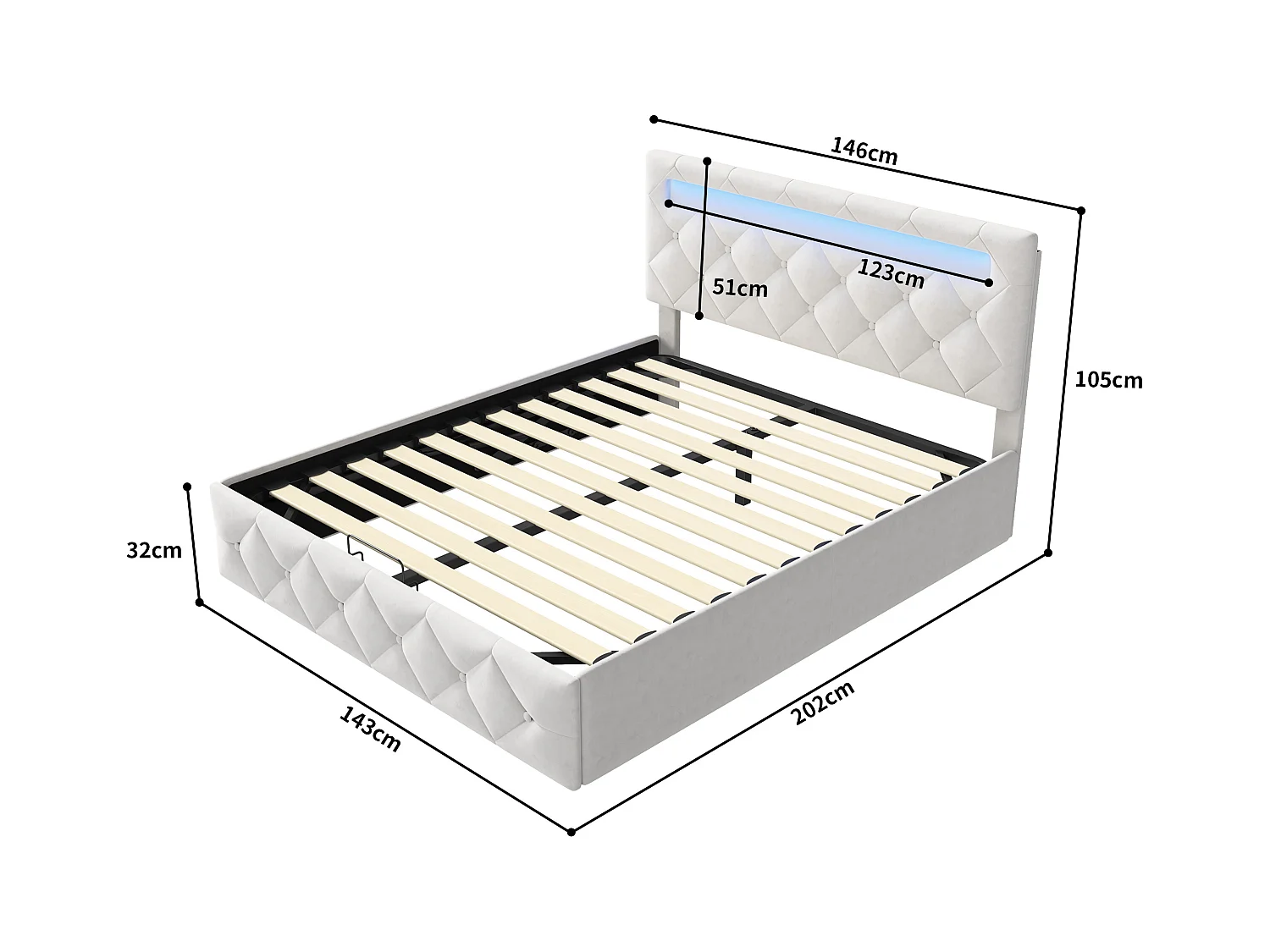 Cama de casal 140x200 cm com base LED e USB, cama com arrumação e base de ripas, bege