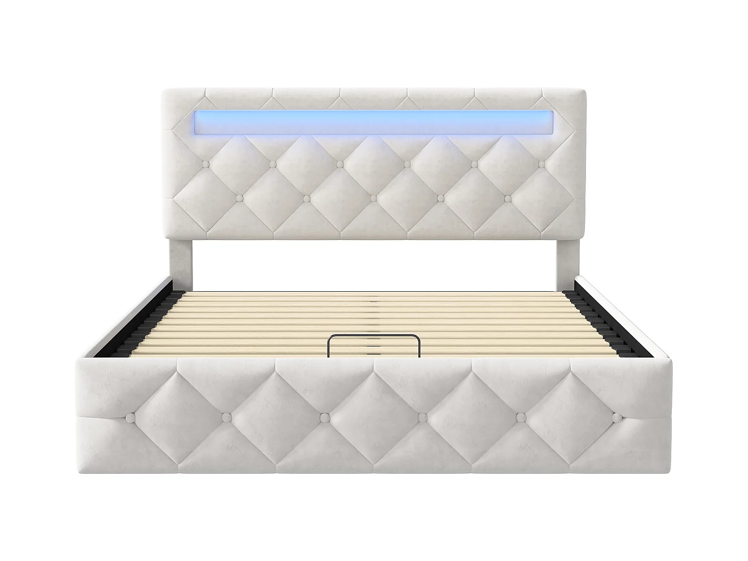 Cama de casal 140x200 cm com base LED e USB, cama com arrumação e base de ripas, bege