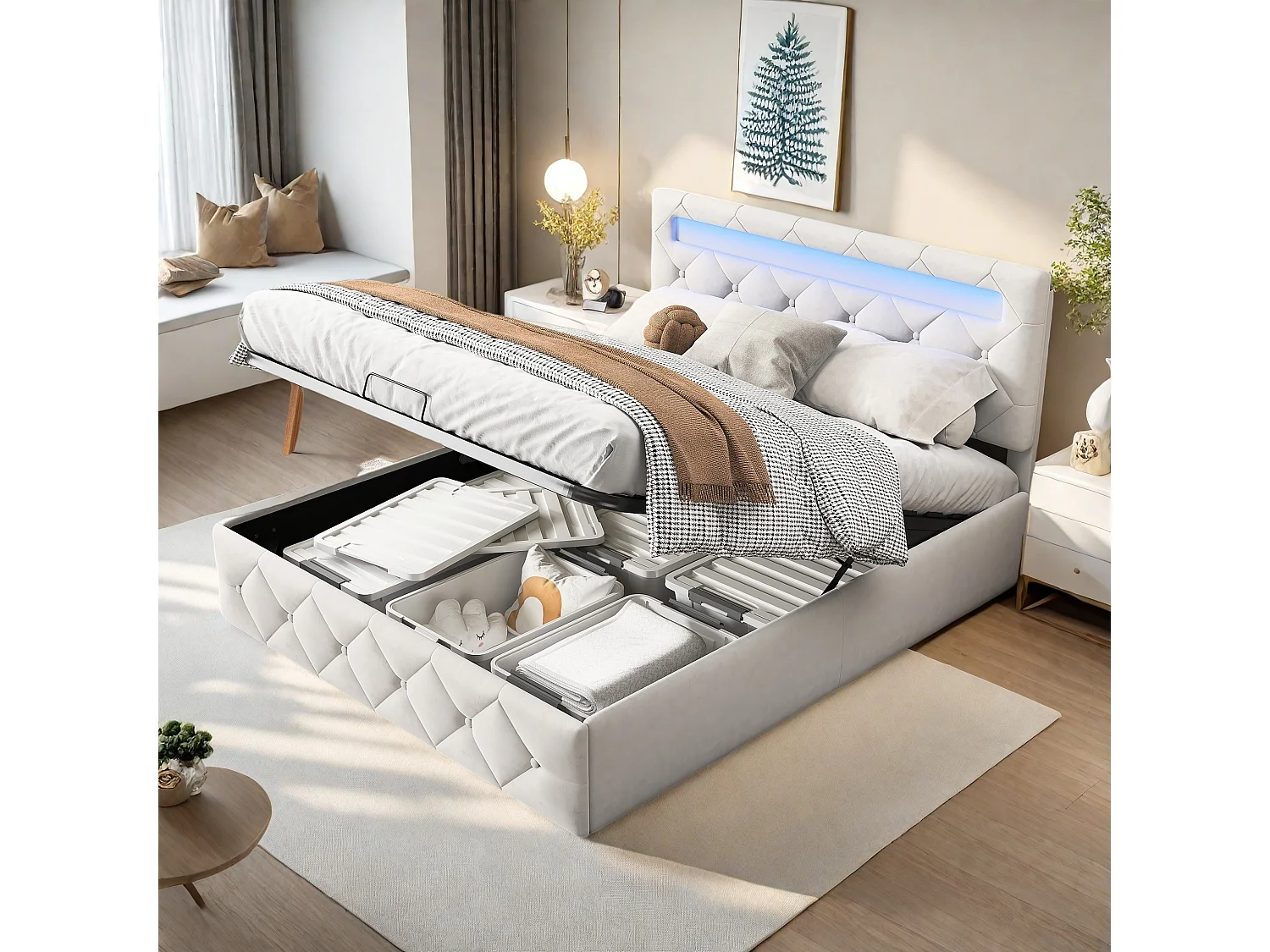 Cama doble de 140 x 200 cm con base LED y USB, cama con canapé y somier de láminas, color beige