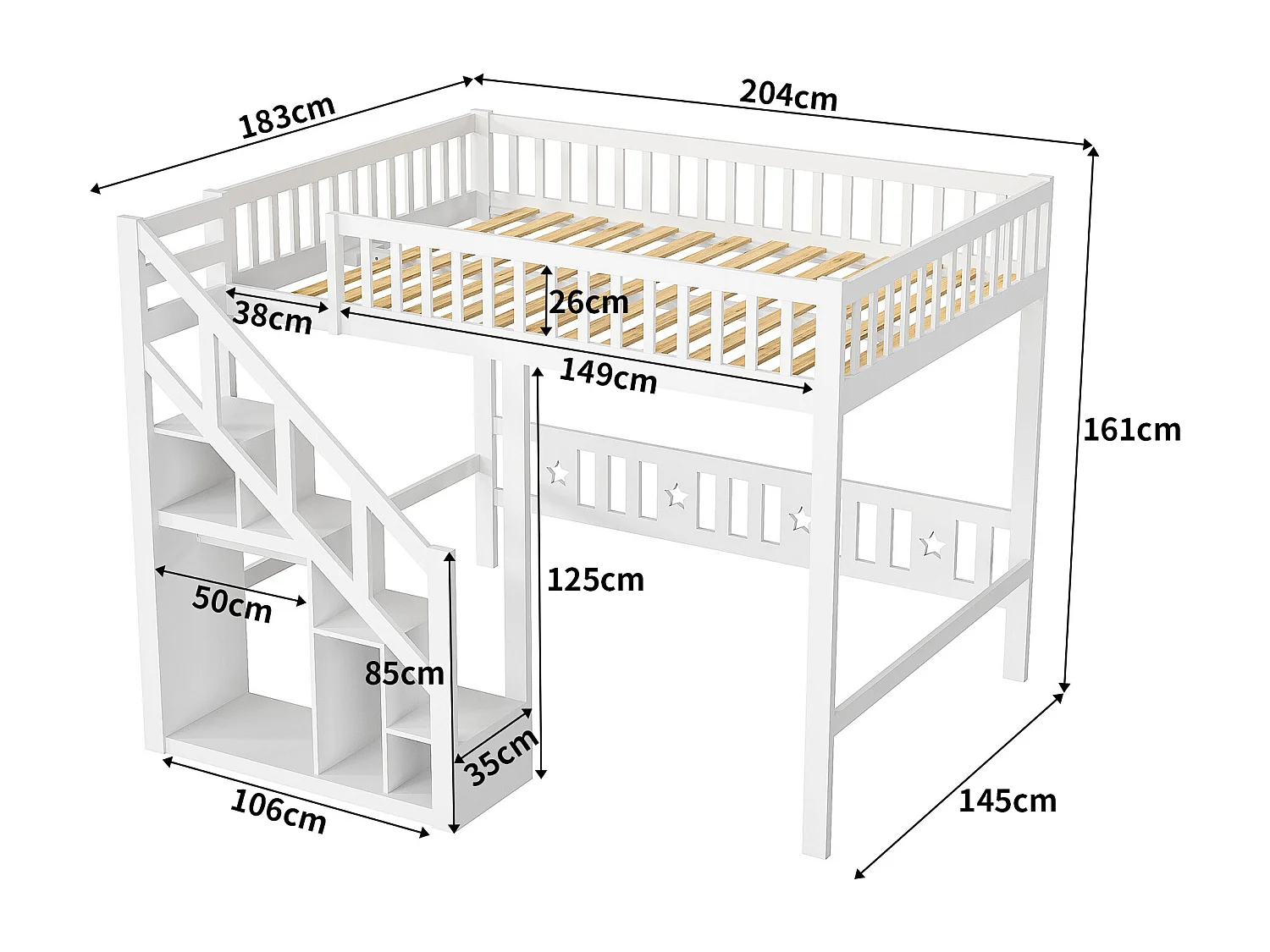 140 x 200 cm hoogslaper, multifunctionele hoogslaper voor kinderen met trap en opbergruimte, wit