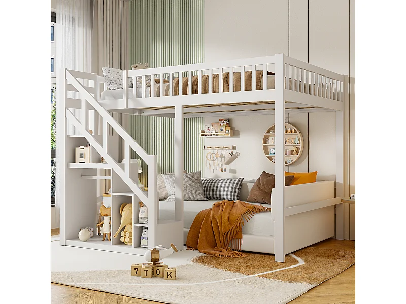140 x 200 cm hoogslaper, multifunctionele hoogslaper voor kinderen met trap en opbergruimte, wit