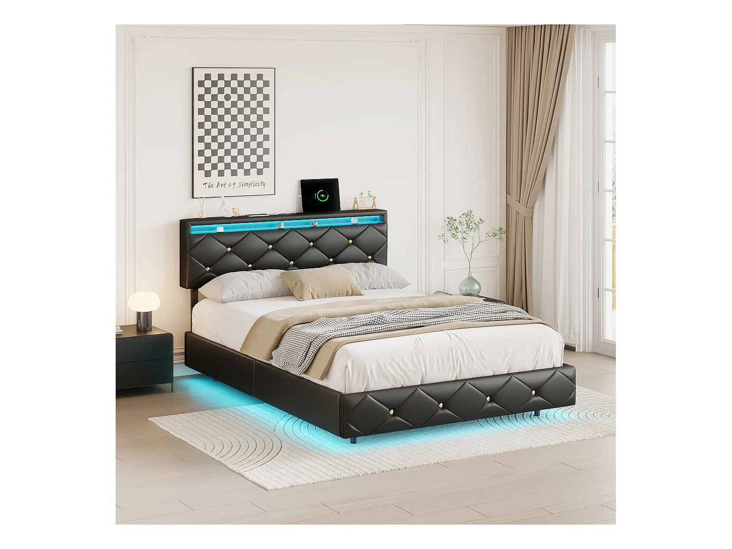 Cama de 140x200 con LED y USB, Estructura de Cama Matrimonial Flotante con Lamas de Madera, PU, Color Negro