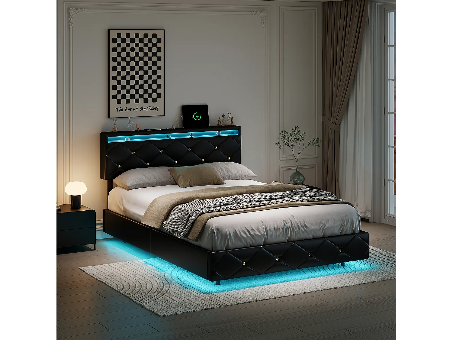 Bed 140x200 met LED en USB, hangend tweepersoonsbedframe met houten lattenbodem, PU, zwart