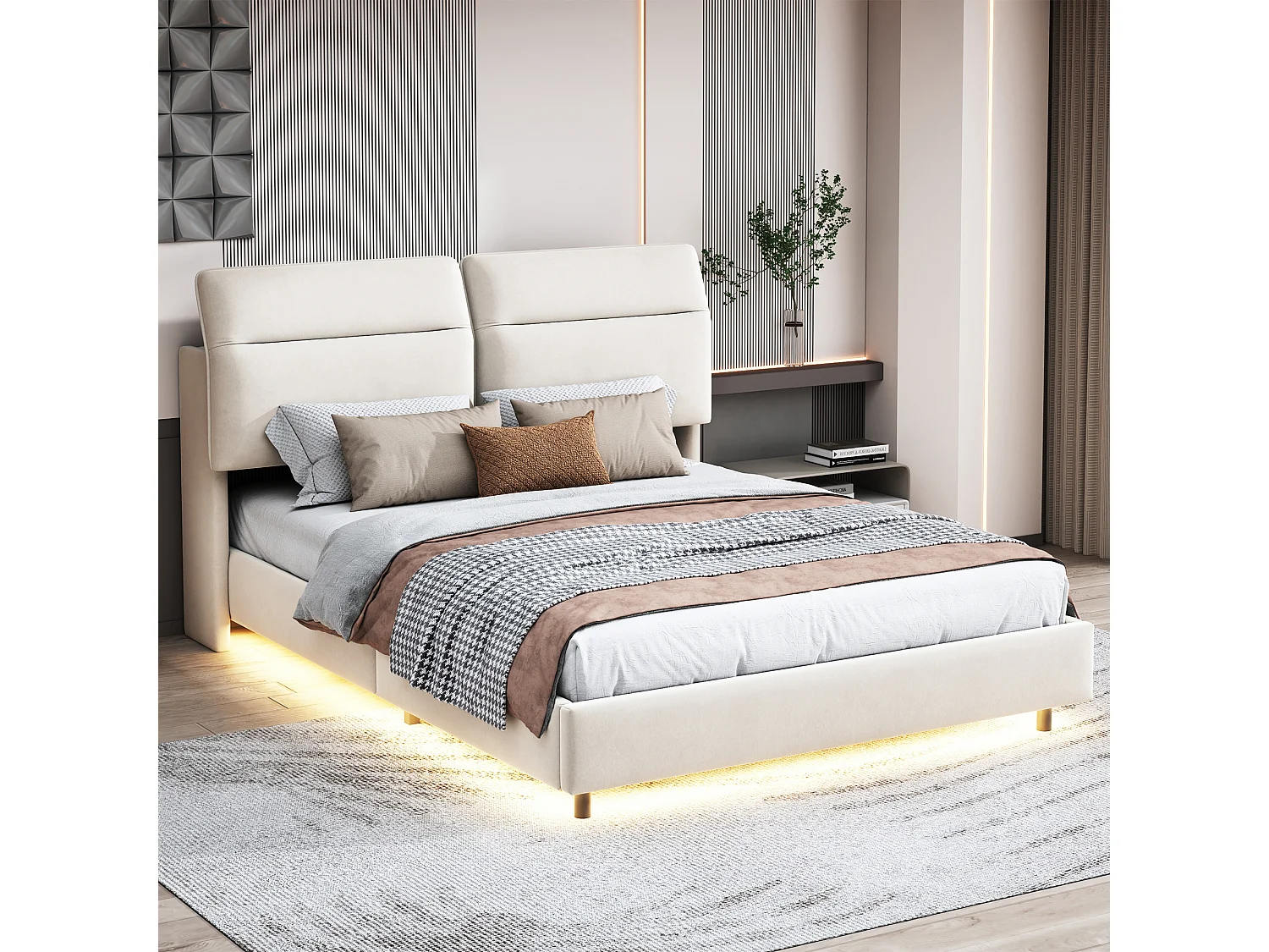 Cama tapizada 140x200, con LED y cabecero abatible, compartimento de almacenaje, terciopelo, Blanco