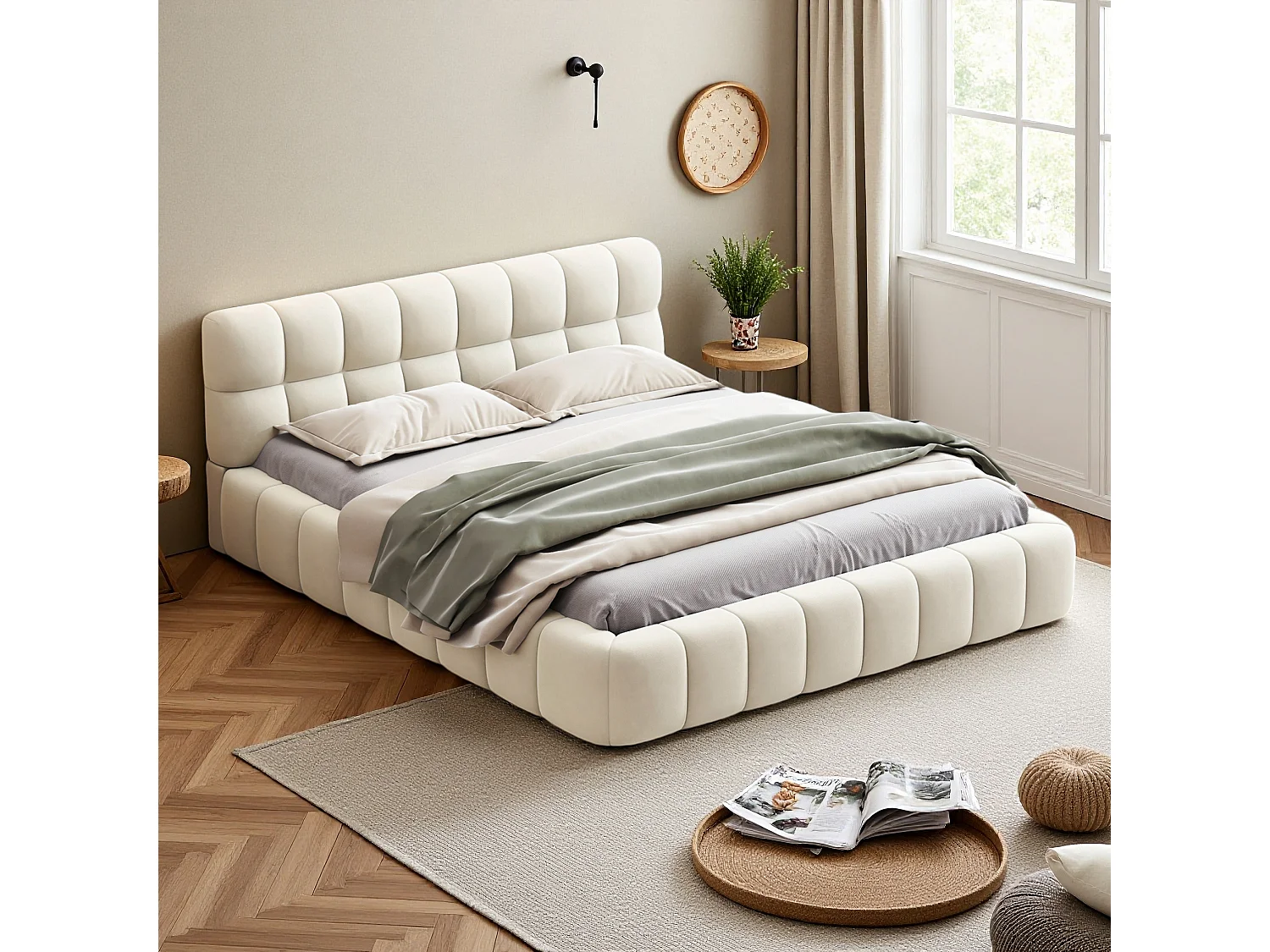 Cama Bubble de 160 x 200 cm con somier y respaldo, tapizada, color lino, beige