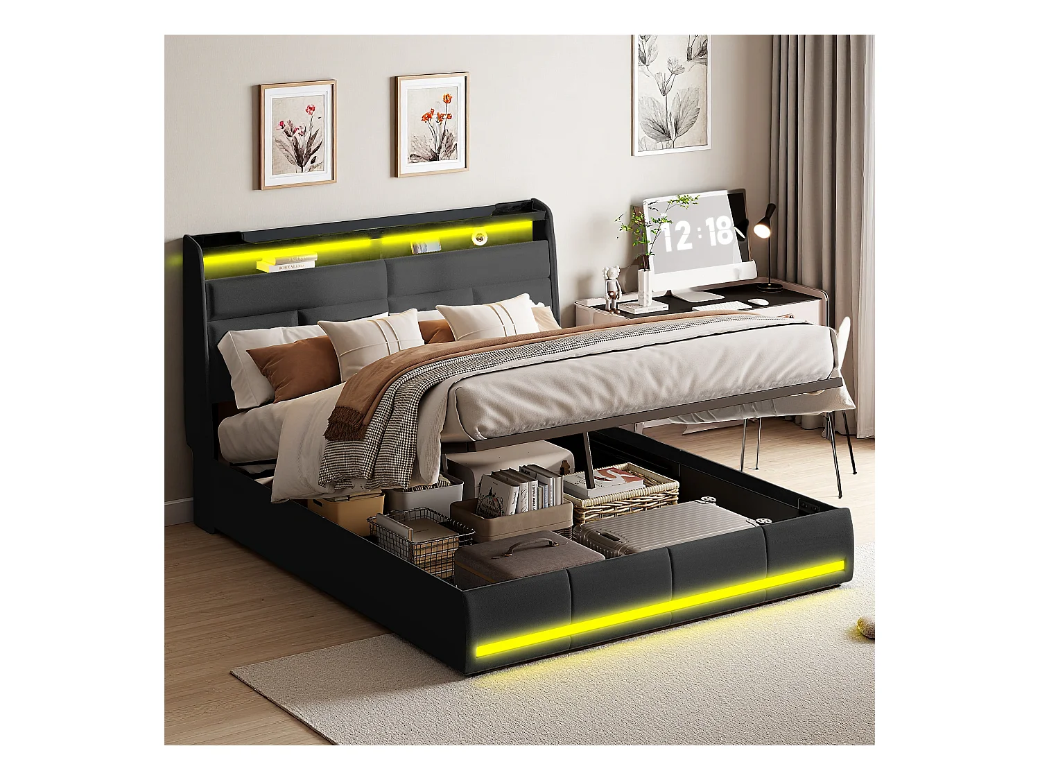 Cama con canapé de 160 x 200 cm, con somier de láminas, camas dobles con luz LED en PU, color negro