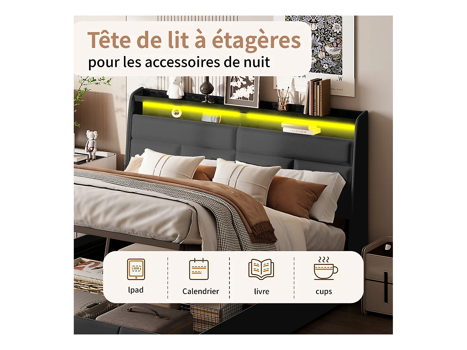 Lit Coffre 160 x 200 cm, avec Sommier à Lattes, Lits 2 Personnes avec lumière LED en PU, Noir