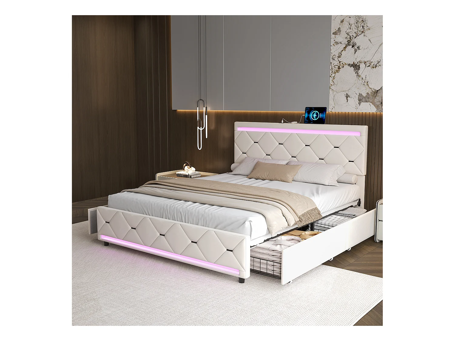 Letto imbottito 160x200 cm con LED, struttura letto con cassetti, letto per adulti, velluto, bianco