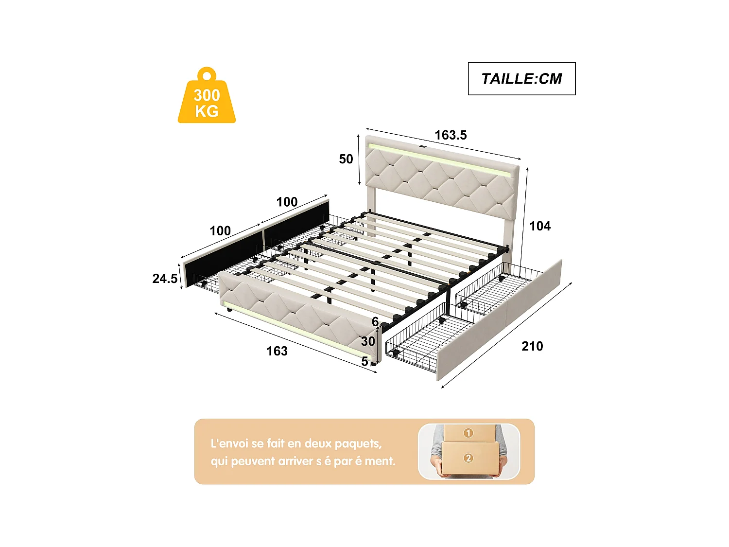 Letto imbottito 160x200 cm con LED, struttura letto con cassetti, letto per adulti, velluto, bianco
