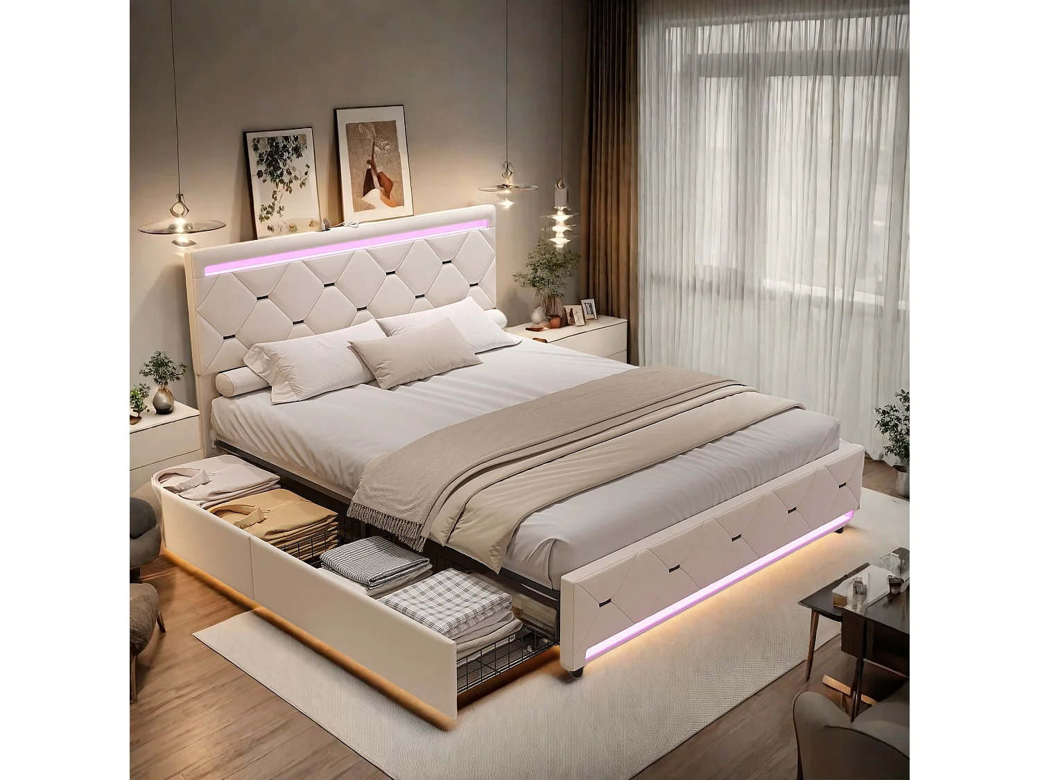 Lit Coffre 160x200 cm avec 4 tirors, Tête de lit avec Chargement USB et éclairage LED, lit Double avec Rangement, Velours Blanc cassé
