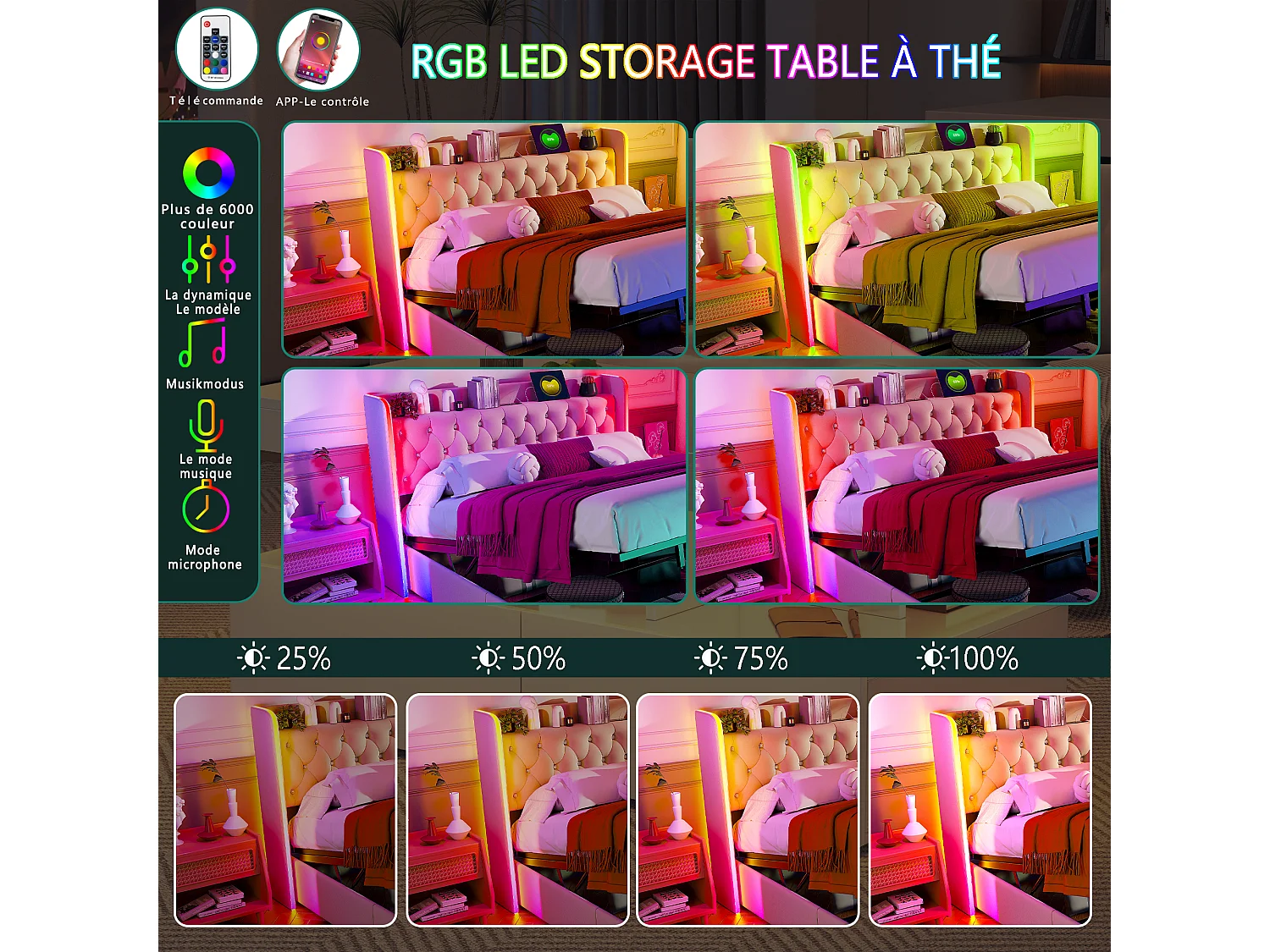 Cama canapé 160x200 cm con somier de láminas, cabecero con puerto USB Tipo C, LED, terciopelo, beige