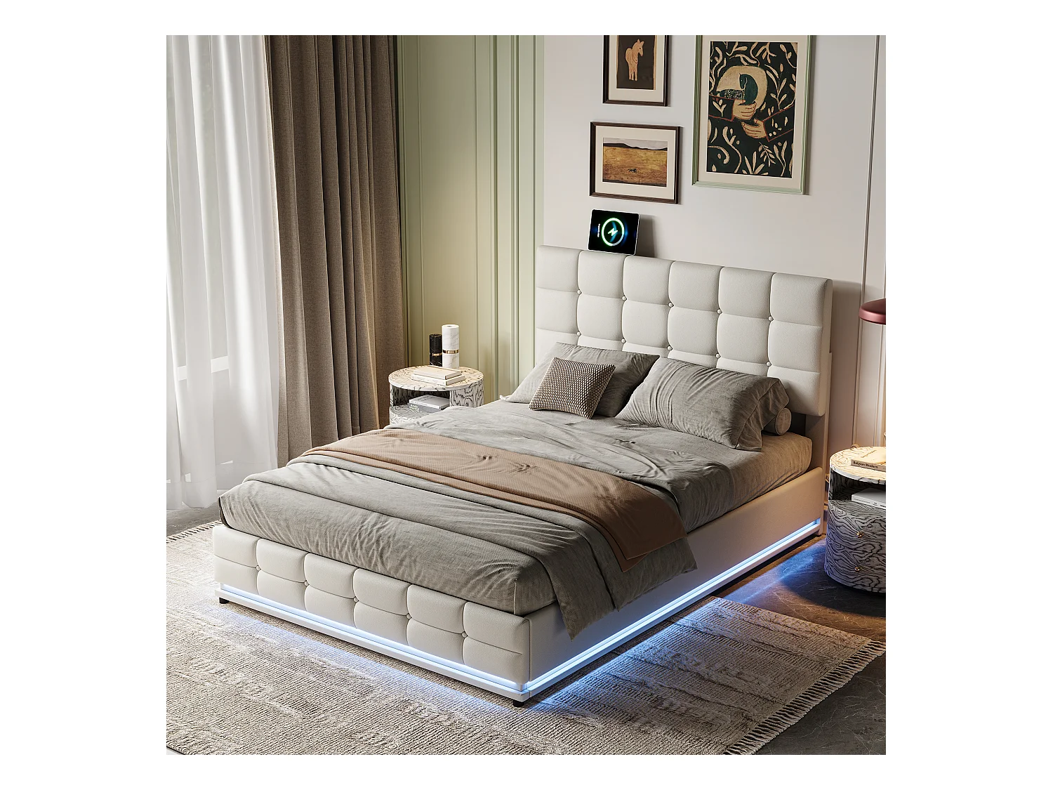 Gestoffeerd bed 140 x 200 cm met LED en hydraulische opbergruimte, tweepersoonsbed, PU, wit