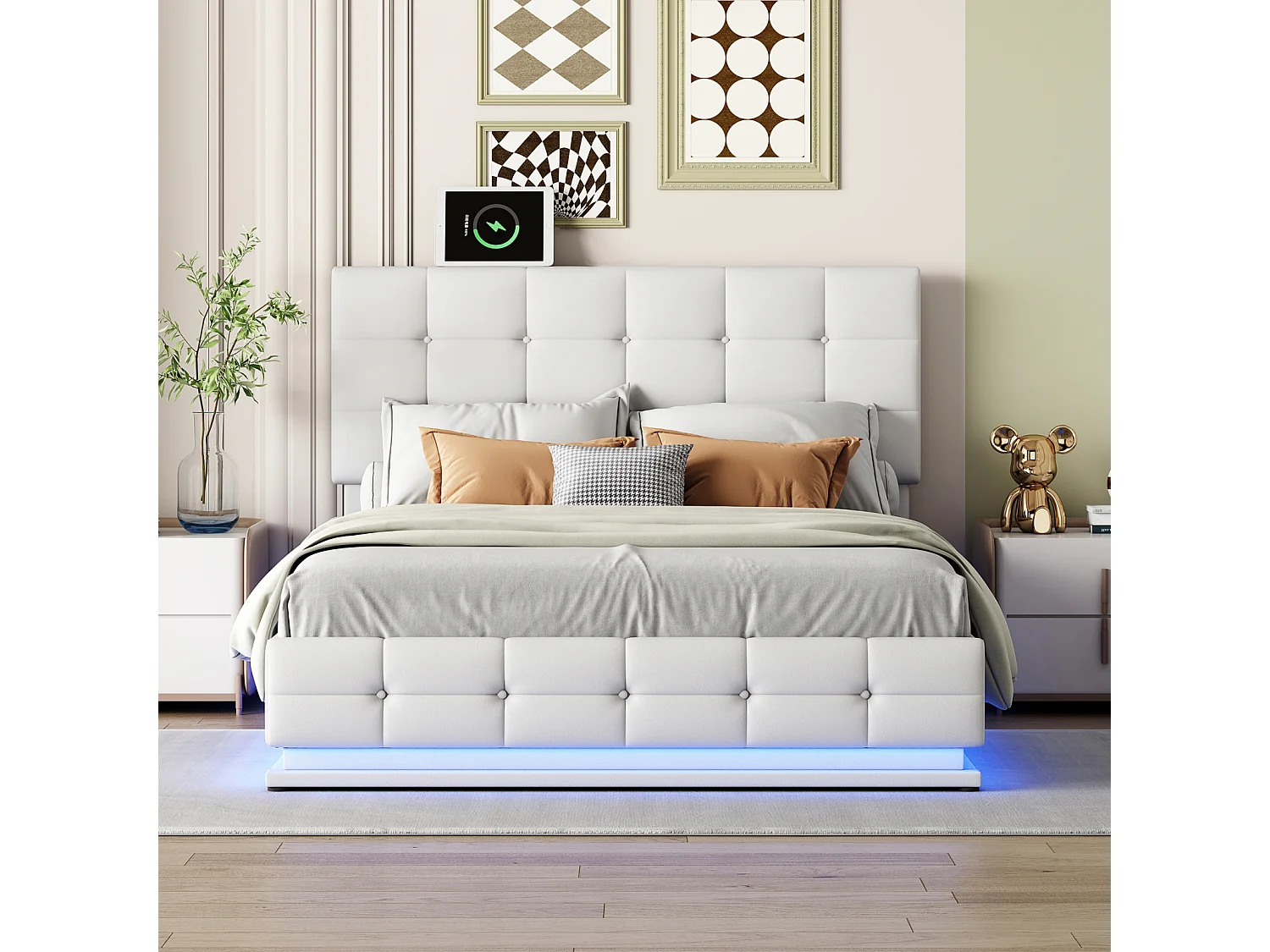 Letto imbottito 140 x 200 cm con LED e contenitore idraulico, letto matrimoniale, PU, bianco