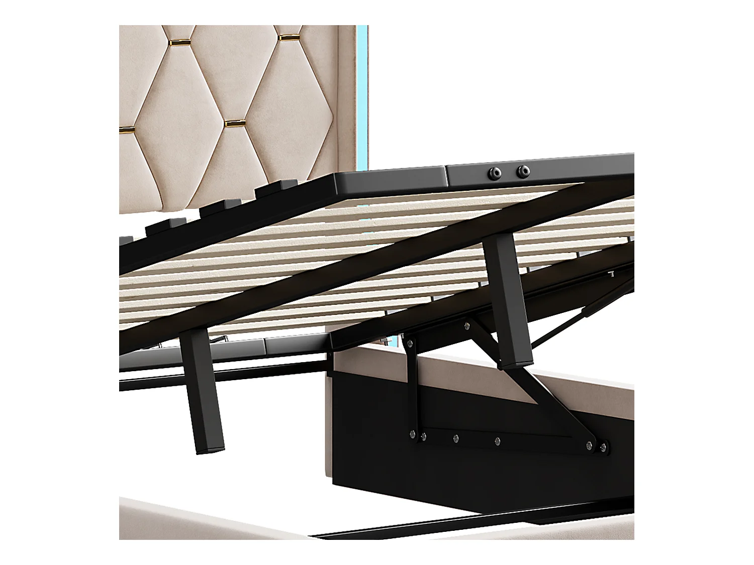 Lit Coffre 160x200 cm avec sommier,  avec LED, sommier à Lattes, Velours, Beige