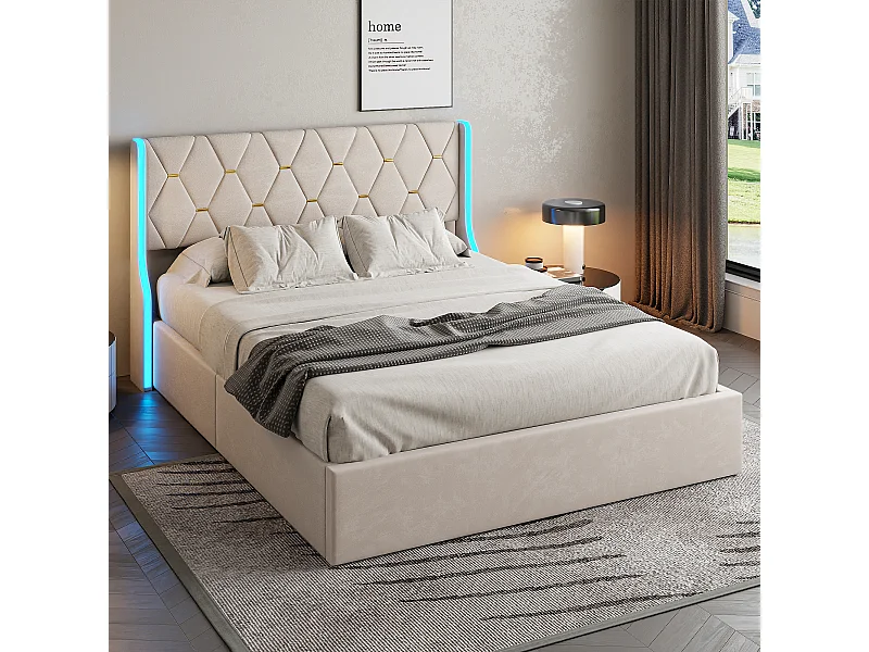 Letto contenitore 160x200 cm con base, con LED, rete a doghe, Velvet, Beige