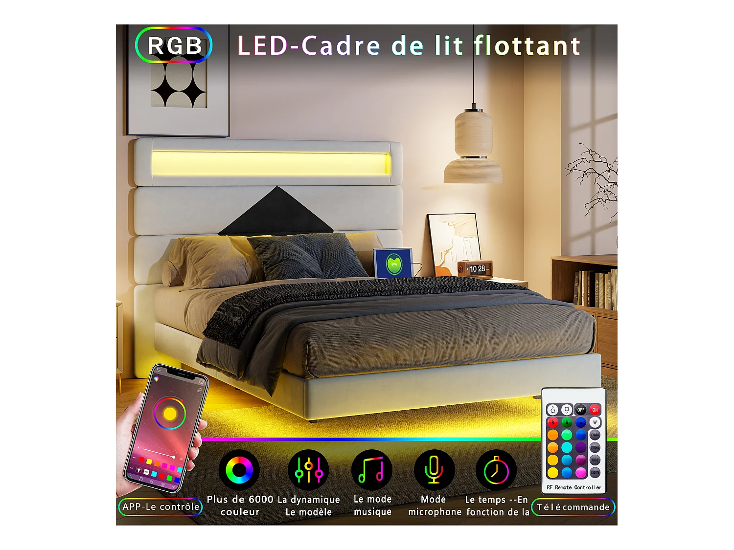 Cama de casal estofada 140x190 cm, camas de casal com LED e USB, com estrado de ripas, branca