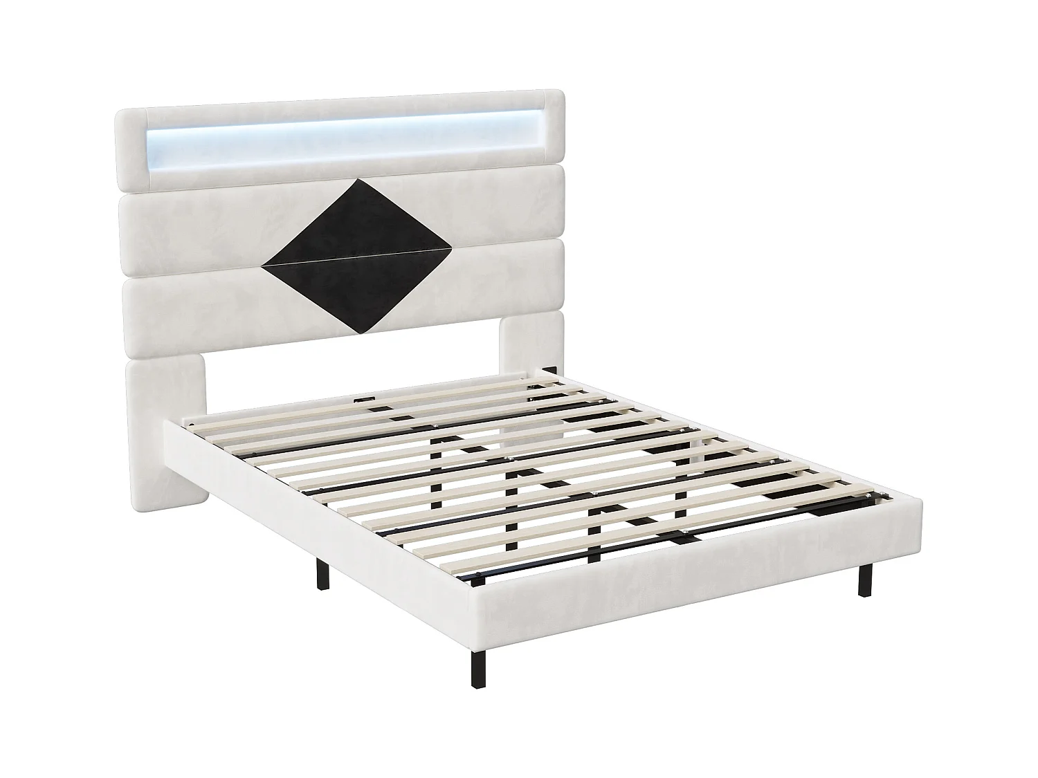 Cama de casal estofada 140x190 cm, camas de casal com LED e USB, com estrado de ripas, branca