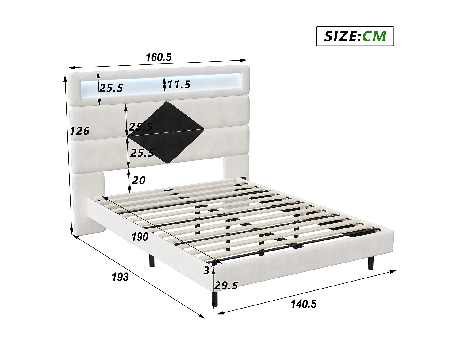 Cama de casal estofada 140x190 cm, camas de casal com LED e USB, com estrado de ripas, branca