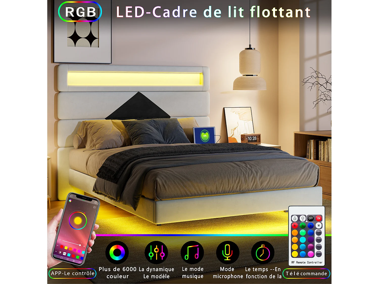 Cama de casal estofada 140x190 cm, camas de casal com LED e USB, com estrado de ripas, branca