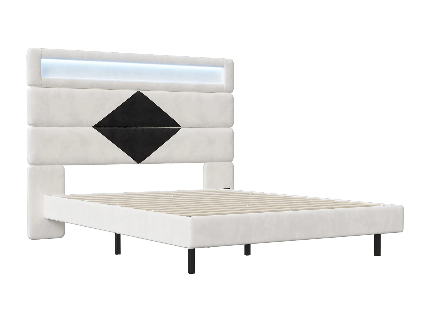 Cama de casal estofada 140x190 cm, camas de casal com LED e USB, com estrado de ripas, branca