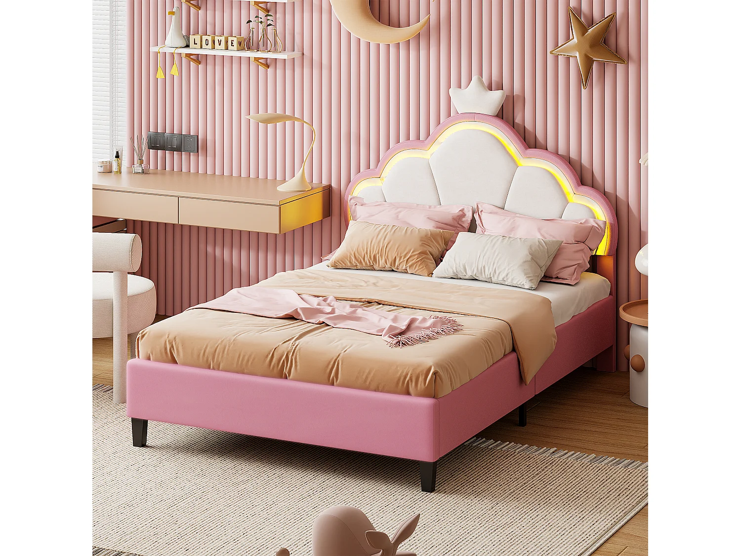 Lit Enfant Rembourré 140x200 cm avec LED pour Fille Adolescent, avec tête de lit réglable et sommier à Lattes, Design Couronne de Princesse, Velours, Rose