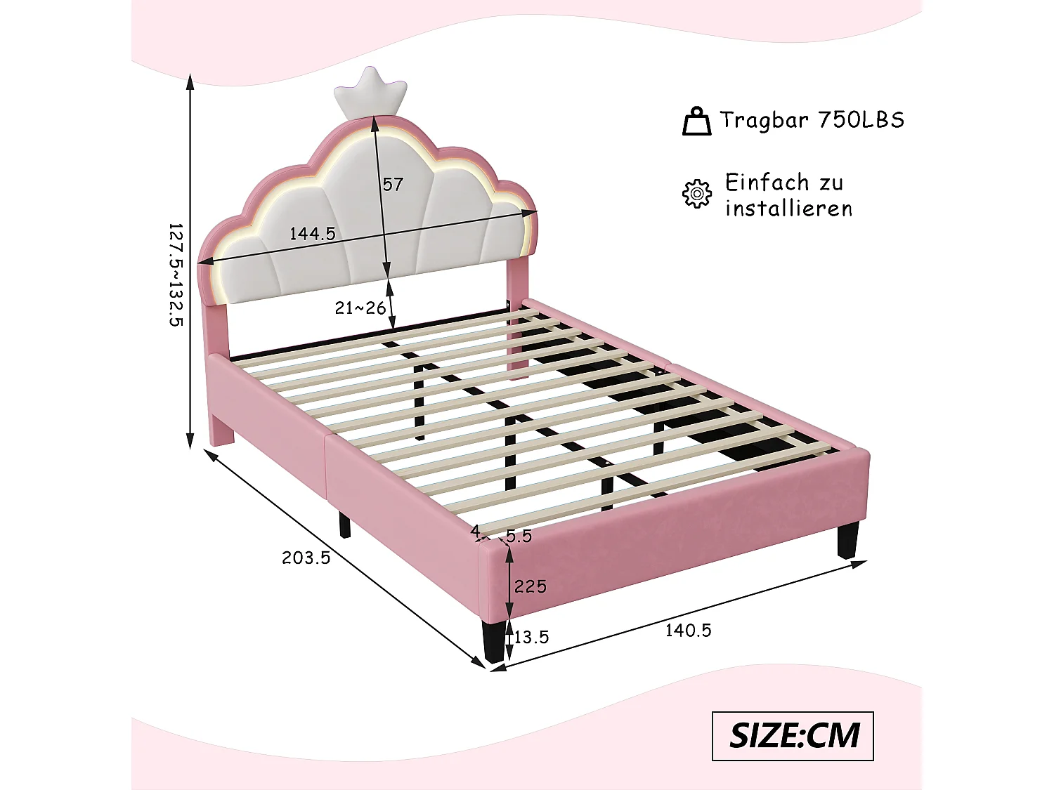 Lit Enfant Rembourré 140x200 cm avec LED pour Fille Adolescent, avec tête de lit réglable et sommier à Lattes, Design Couronne de Princesse, Velours, Rose