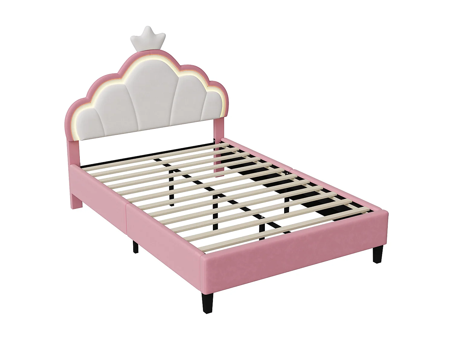 Lit Enfant Rembourré 140x200 cm avec LED pour Fille Adolescent, avec tête de lit réglable et sommier à Lattes, Design Couronne de Princesse, Velours, Rose