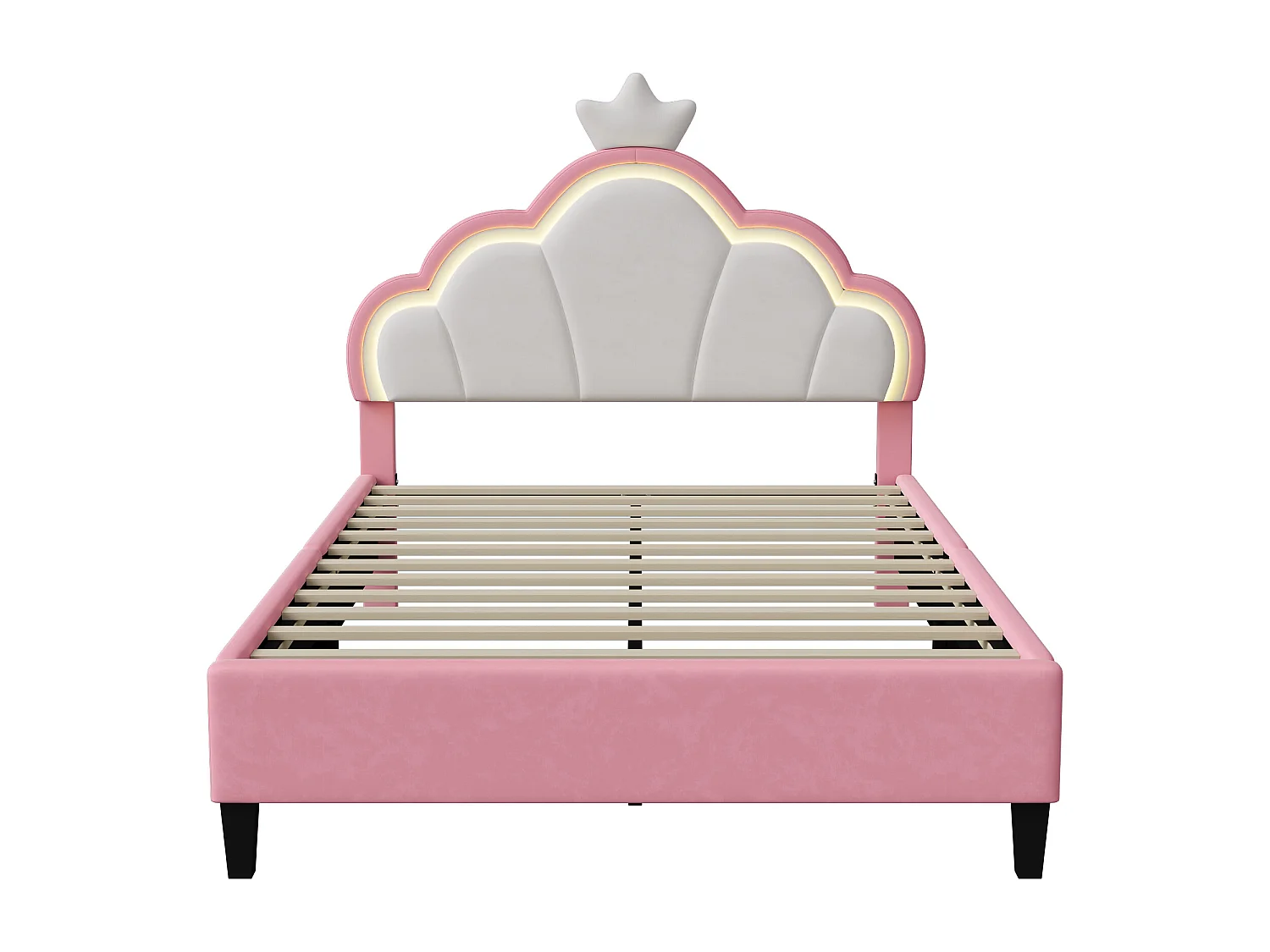 Lit Enfant Rembourré 140x200 cm avec LED pour Fille Adolescent, avec tête de lit réglable et sommier à Lattes, Design Couronne de Princesse, Velours, Rose