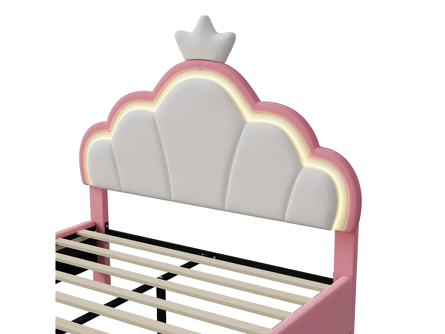 Lit Enfant Rembourré 140x200 cm avec LED pour Fille Adolescent, avec tête de lit réglable et sommier à Lattes, Design Couronne de Princesse, Velours, Rose
