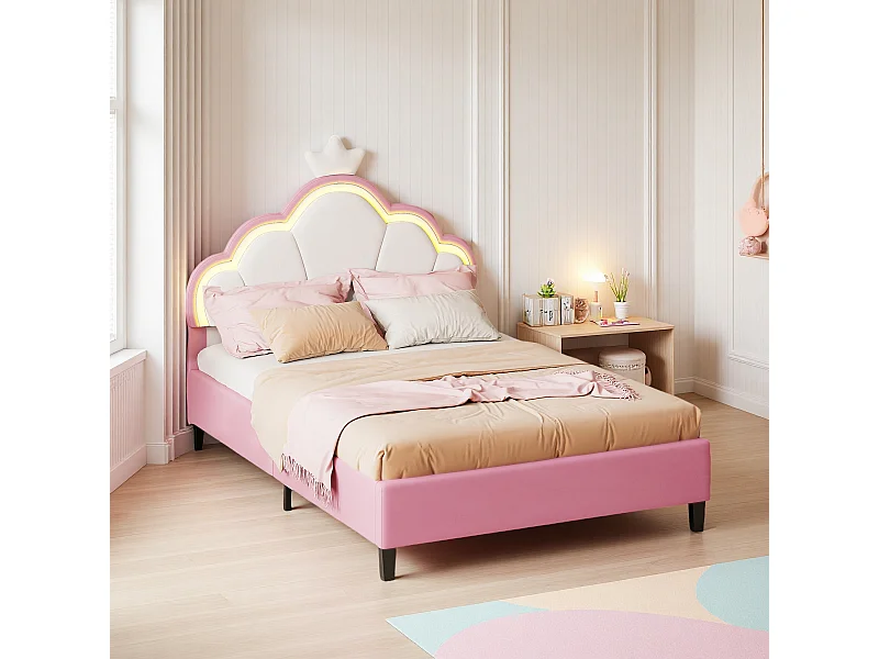 Cama tapizada de 140 x 200 cm, estilo princesa, con cabecero LED ajustable y somier de láminas, color rosa
