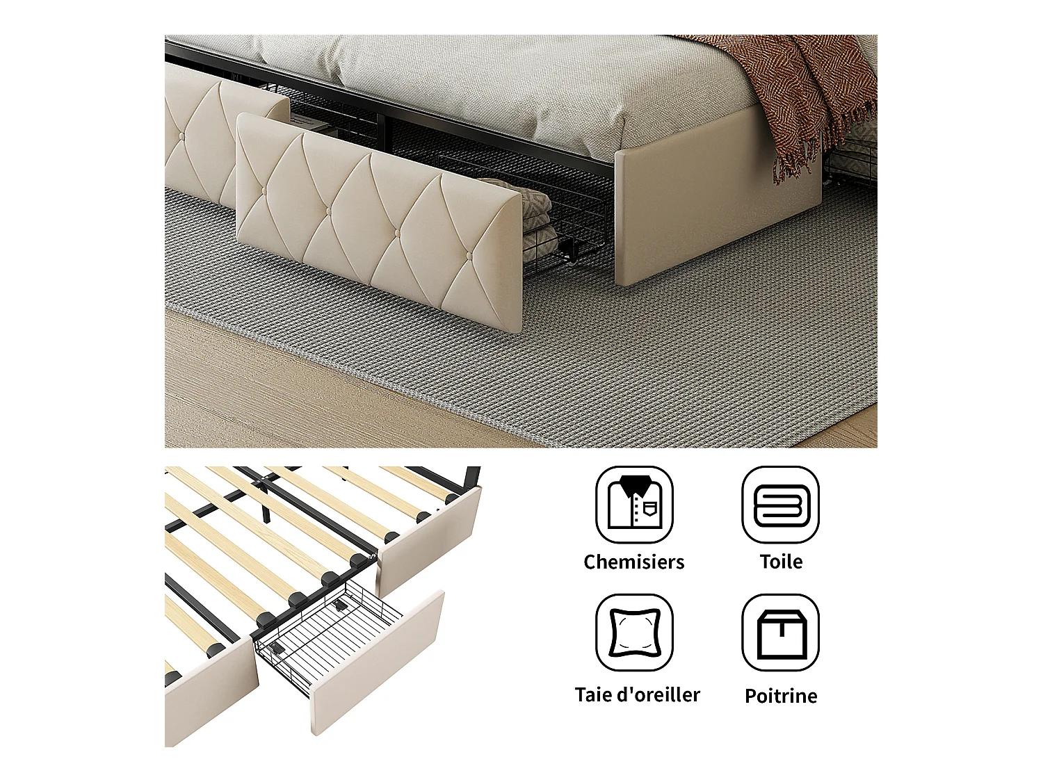 Lit Capitonné 160x200cm avec LED, avec 4 Tiroirs de Rangement, avec Sommier à Lattes, PU, Blanc