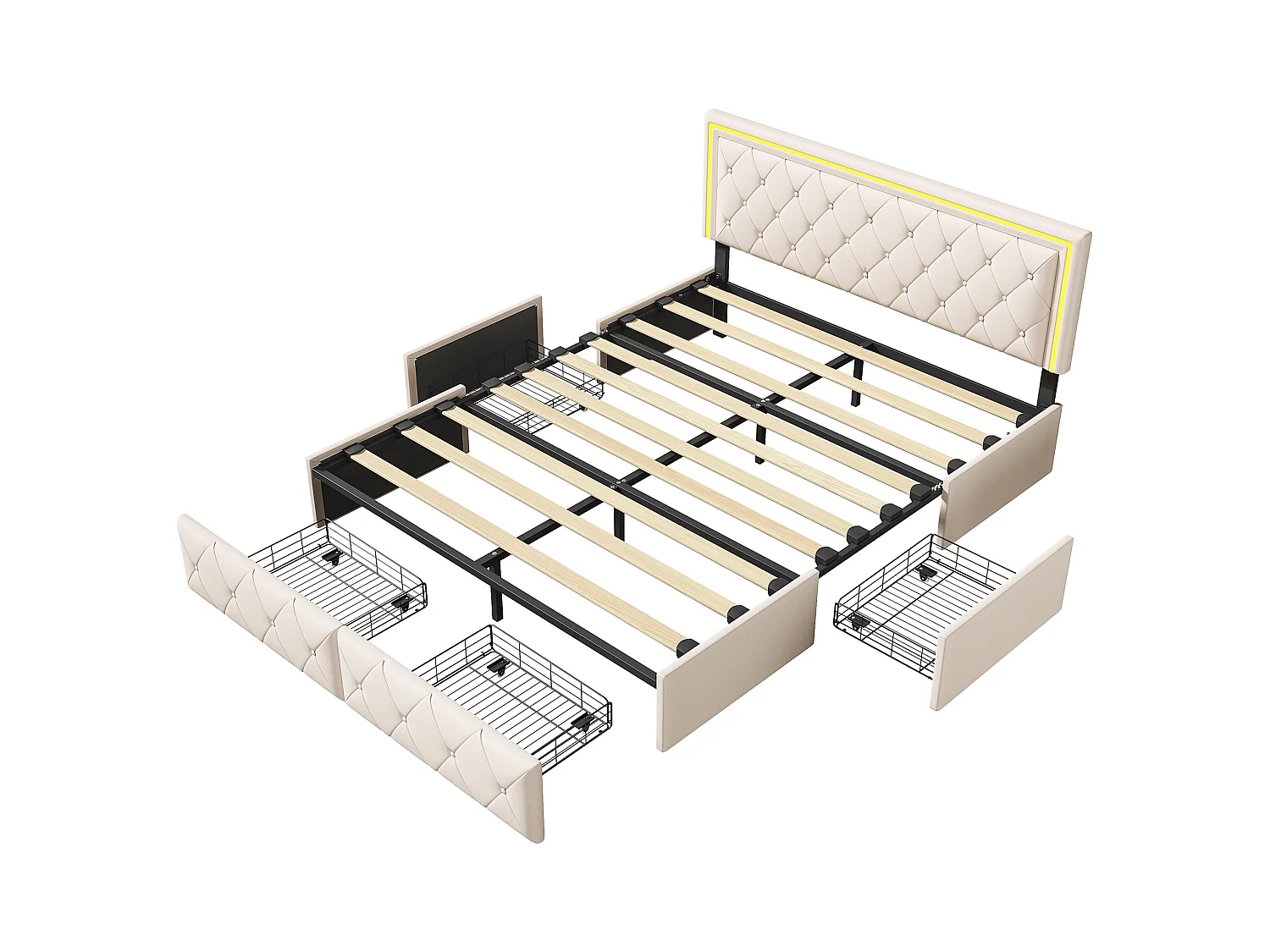 Lit Capitonné 160x200cm avec LED, avec 4 Tiroirs de Rangement, avec Sommier à Lattes, PU, Blanc